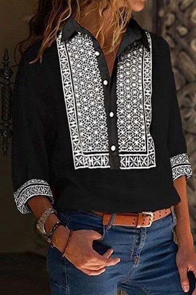 

Black 3/4 Sleeve Cotton-Blend Shirt Collar Printed Shirts & Tops, Winter Clearance