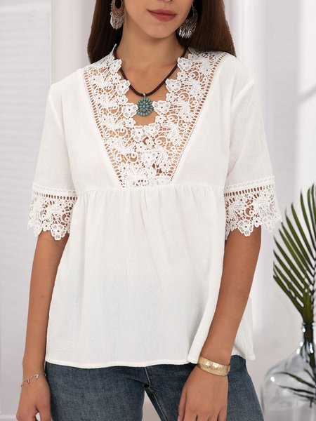 

White Solid Holiday Short Sleeve Lace Top, Blouses and Shirts