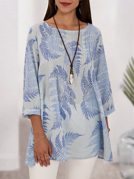 Light Blue Printed 3/4 Sleeve Tropical Blouse, Blouses and Shirts