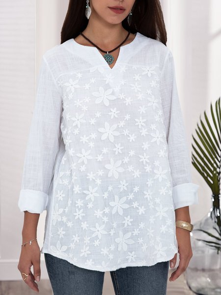 

White Long Sleeve Shift Casual Embroidered Blouse, Blouses and Shirts
