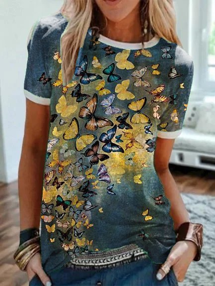 

T-Shirt Casuale Stampato di Misto Cotone, Blu, T-Shirts