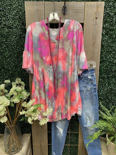 Top con Scollo a V Casuale Volant, Rosa, T-Shirts