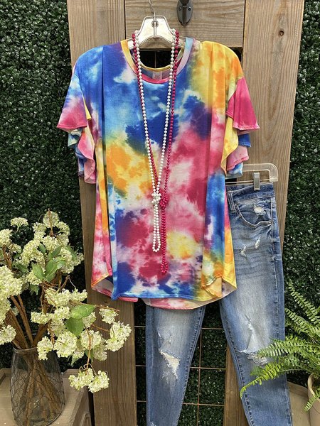 

Multicolor Gradient Tie Dye Lotus Sleeve T-shirt, Yellow, Blouses