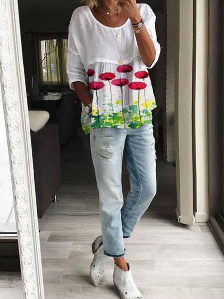 

Top a Girocollo Floreale, Bianco, Blouses & Shirts