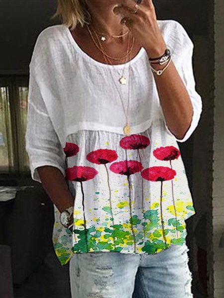 Floral 3/4 Sleeve Crew Neck T-shirt, White, T-Shirts