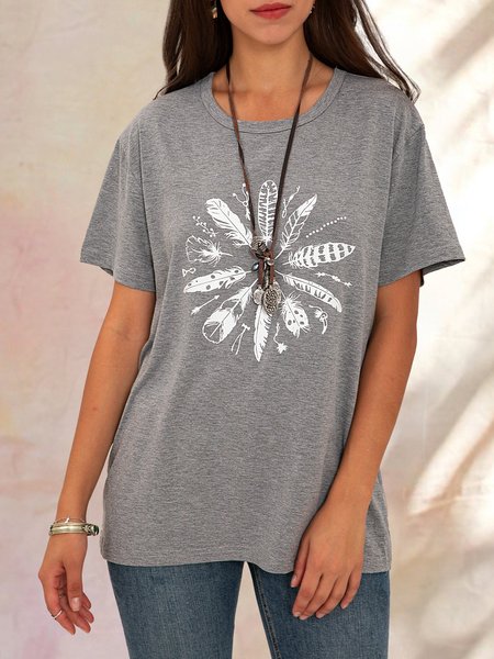 

T-Shirt a Girocollo Floreale Dritto Casuale, Grigio, T-Shirts