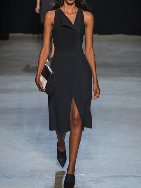

Abito a Girocollo di Misto Cotone, Nero, Midi Dresses