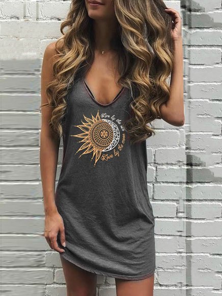 

Abito con Scollo a V Casuale di Misto Cotone, Grigio, Mini Dresses