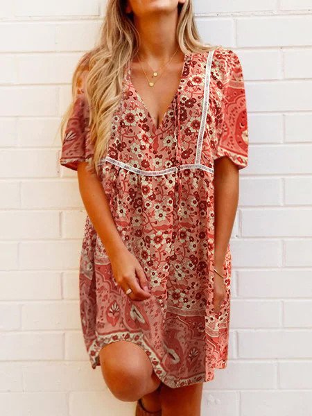 

Multicolor Short Sleeve Casual V Neck Dress, Dresses