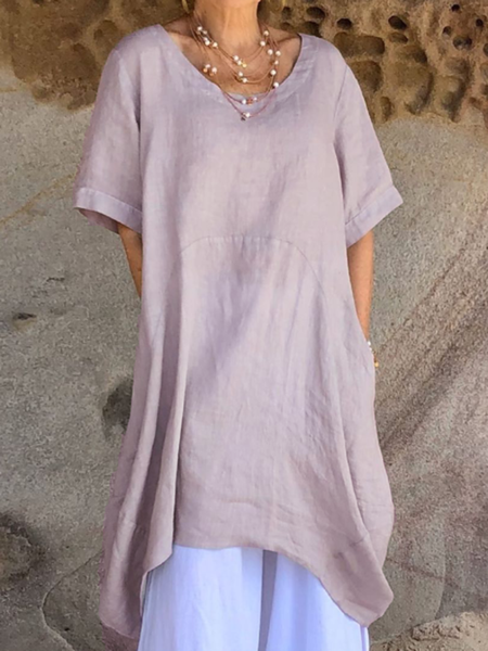 

Midi Abito a Girocollo Casuale, Beige, Casual Dresses