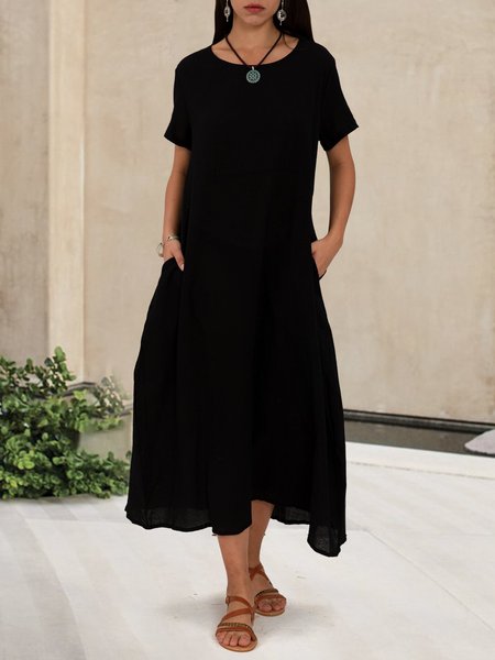

Solid Pockets Short Sleeve Simple Midi Dress, Black, Midi Dresses