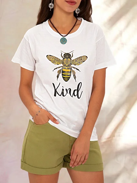 

White Casual Short Sleeve Shift Bee Top, Tees