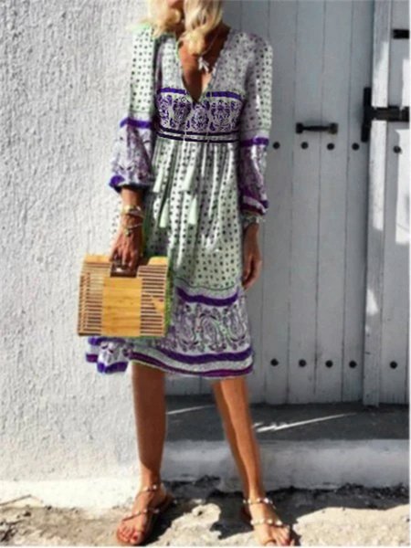 

V Neck Floral Printed 3/4 Sleeve Holiday Midi Dress, Purple, Maxi Dress