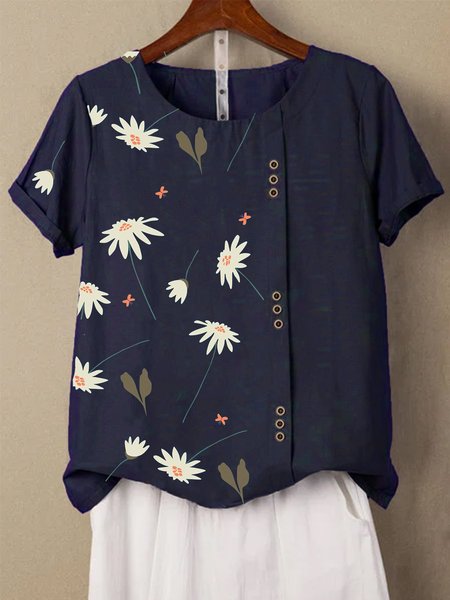 

Navy Blue Floral Cotton Short Sleeve Shirts & Tops, Tops
