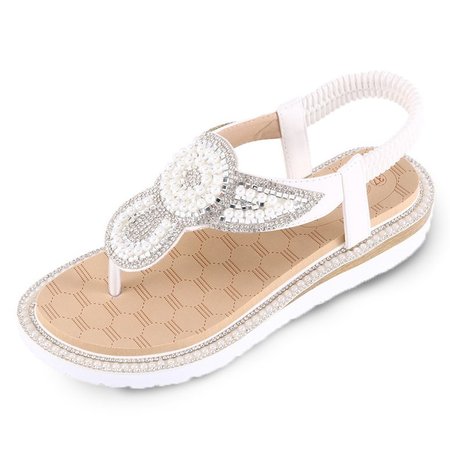 

Imitation Pearl Home Wear Leatherette Sandals, White, Sandals
