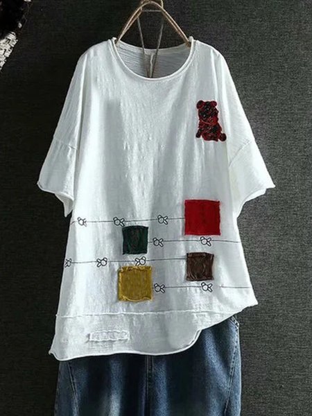 

T-Shirt Patchwork a Girocollo, Bianco, Tops