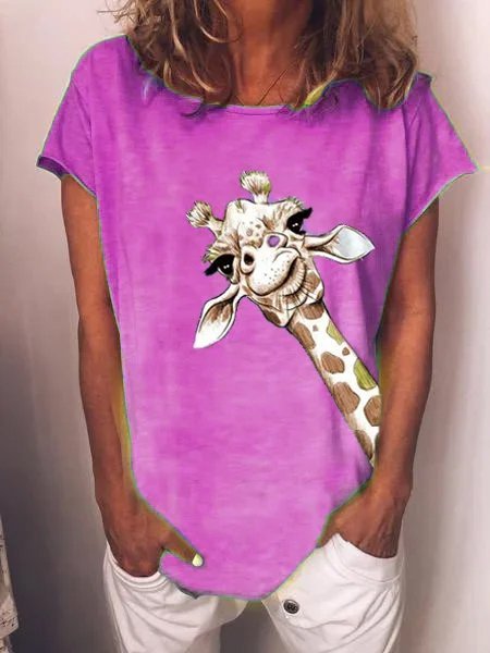 

T-Shirt a Girocollo Stampato Casuale, Viola, Blouses & Shirts