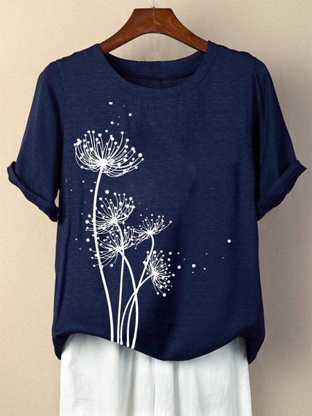 

Deep Blue Floral Short Sleeve Crew Neck Cotton Shirts & Tops, Tops