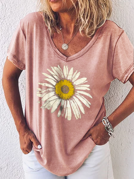 

Printed Casual Short Sleeve Floral T-shirt, Pink, T-shirts