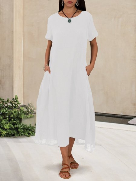 

Midi Abito con Tasche Semplice, Bianco, Midi Dresses