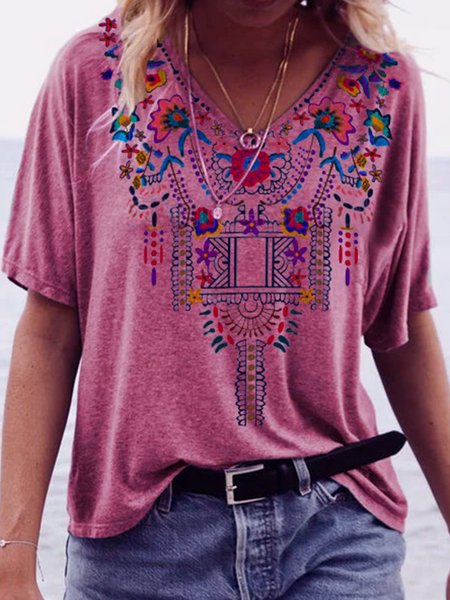 

V Neck Boho Shirt Blouses, Purple, T-Shirts