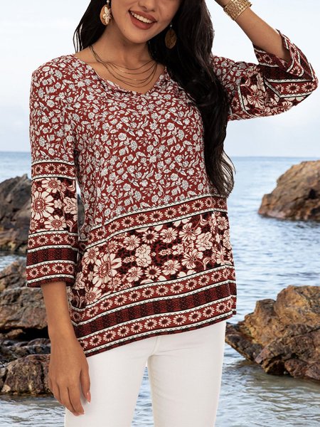 

Red Floral 3/4 Sleeve Printed Tops, Blouses and Shirts