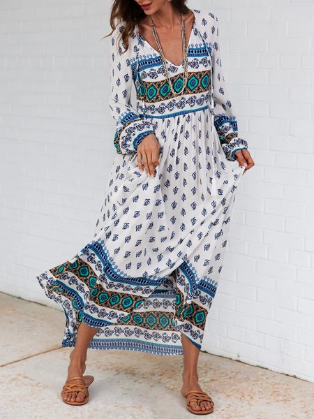 

White Shift V Neck Floral Long Sleeve Maxi Dress, Maxi Dresses