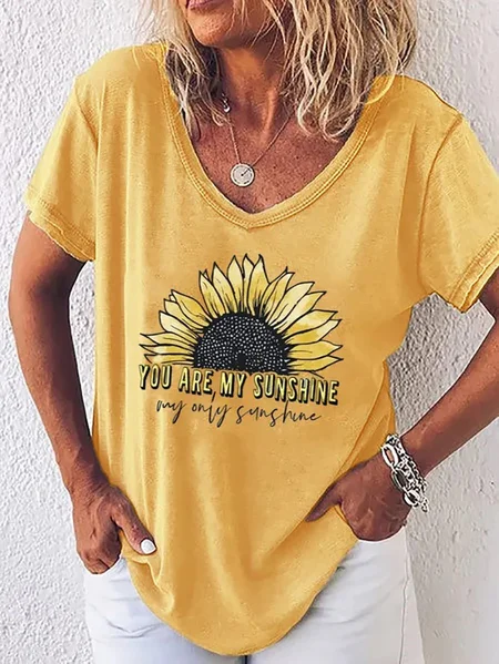 

You are My Sunshine Printed Yellow Cotton V Neck T-Shirt & Top, Auto-Clearance