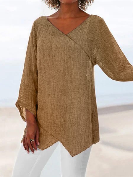 Woman Fashion Paneled V Neck Solid 3/4 Sleeve Shirts & Tops Khaki/3XL