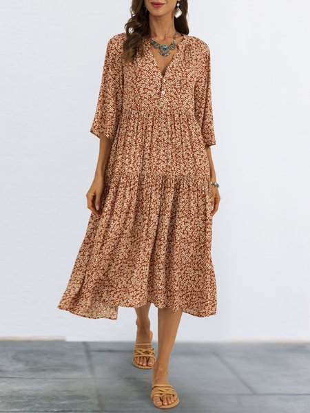 

Orange Printed Floral Half Sleeve V Neck Midi Dress, Midi Dresses
