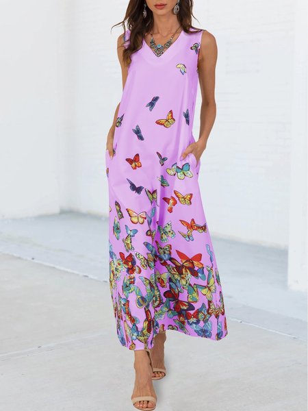 

Butterfly Sleeveless Pockets Shift V Neck Maxi Dress, Purple, Maxi Dresses