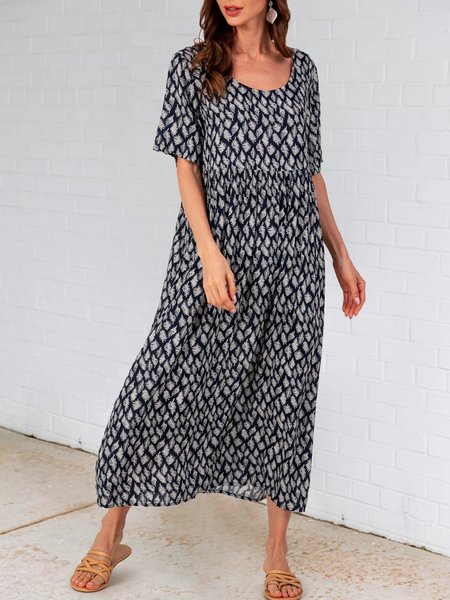 

Purplish Blue Short Sleeve Pockets Floral Midi Dress, Maxi Dresses