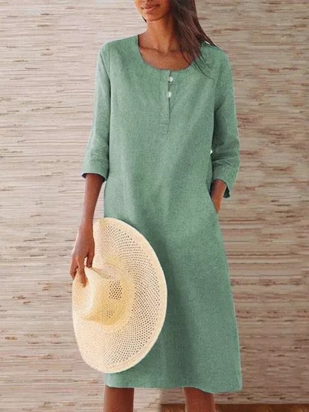 

Solid Pockets Midi Dress 3/4 Sleeve Women Dress, Aqua, Midi Dresses
