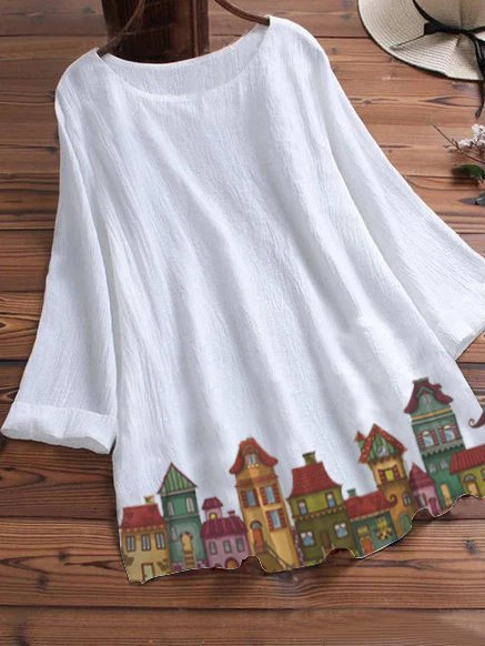 Top Stampato di Misto Cotone, Bianco, Tops