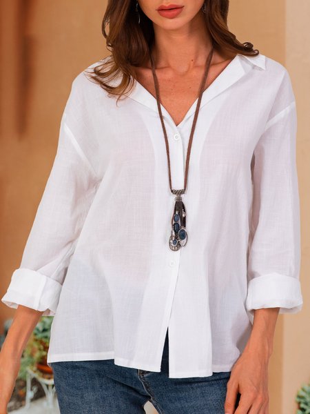 

White Shirt Collar Solid Shift Long Sleeve Top, Blouses and Shirts
