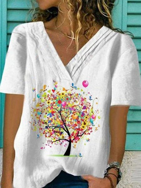 

Top con Scollo a V di Misto Cotone, Bianco, T-Shirts