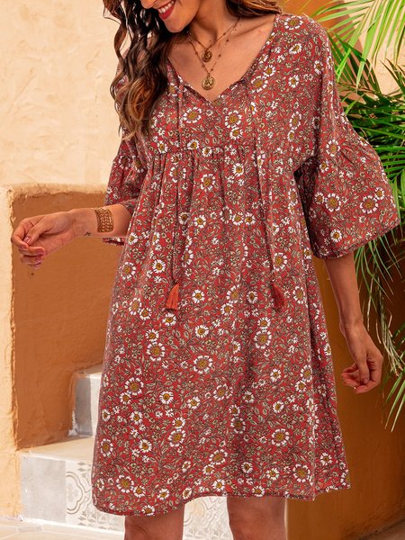 

Orange Red Paneled Casual Floral Dresse, Dresses