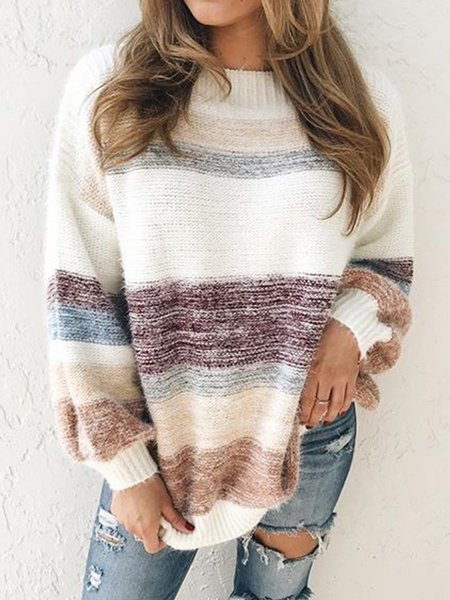 

Vintage Multicolor Striped Plus Size Long Sleeve Crew Neck Casual Sweater, Knitwear & Sweaters