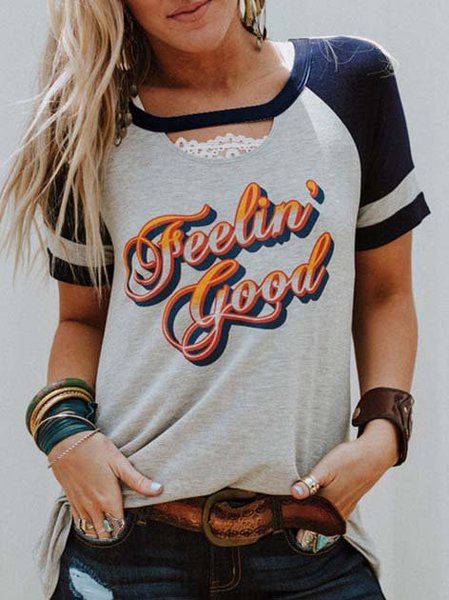 

Top a Girocollo Lettera, Grigio, T-Shirts