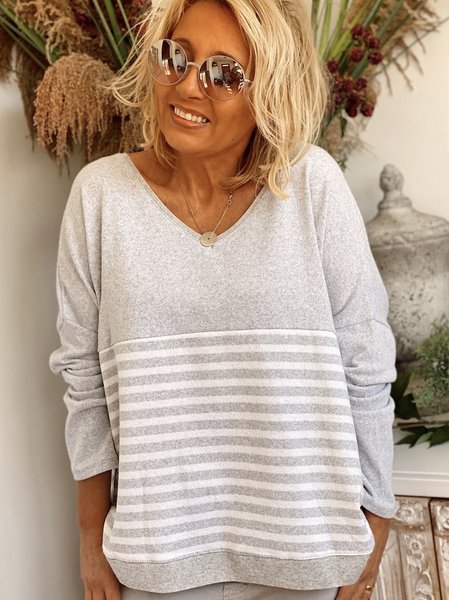 

Light Grey V Neck Casual Long Sleeve Sweater, Tops