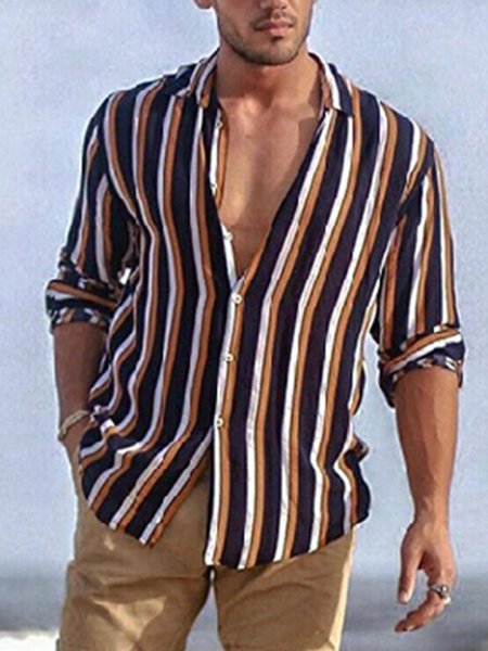 

Khaki Shirt Collar Basic Shirts & Tops, Long Sleeves Shirts