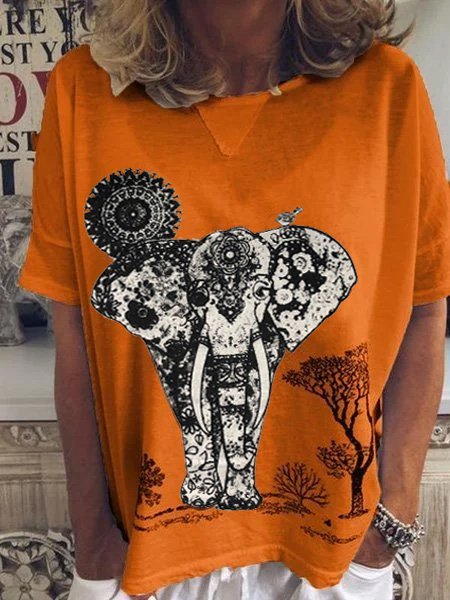 

Maniche Corte Standard Animale Casuale Sciolto T-shirt, Arancia, Tops
