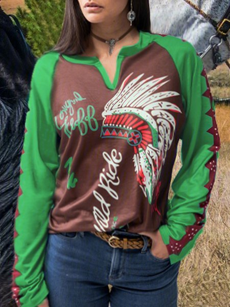 

Round Neck Casual Color-Block Top, Green, Tops