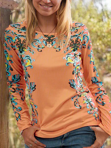 

Embroidered Long Sleeve Cotton-Blend Casual Top, Light orange, Tees & T-shirts