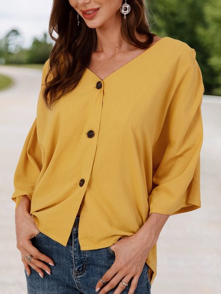 

Yellow V Neck 3/4 Sleeve Solid Top, Blouses and Shirts