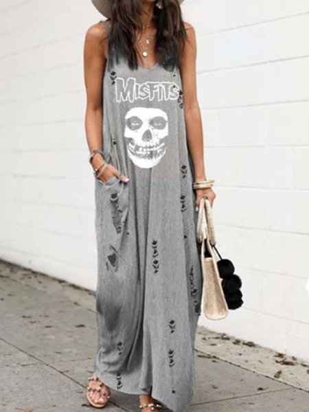 

Abito senza maniche di Cottone Scollo a V, Grigio, Dresses