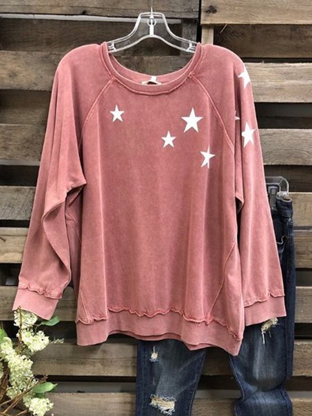 

Stampato Maniche Stella Lunghe Felpa Rosa Nudo Misto Cotone, T-Shirts