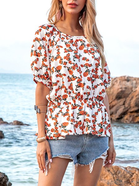 

Yellow Holiday Crew Neck Floral Ruffled Top, Tops