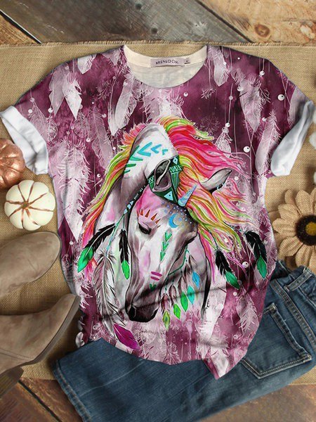 

Casual Short Sleeve Round Neck Plus Size Tops, Rose, Tops