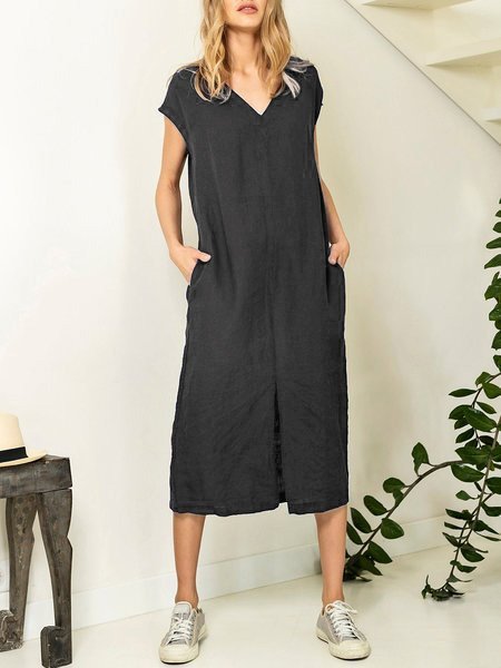 Midi Abito con Scollo a V in Lino, Nero, Casual Dresses